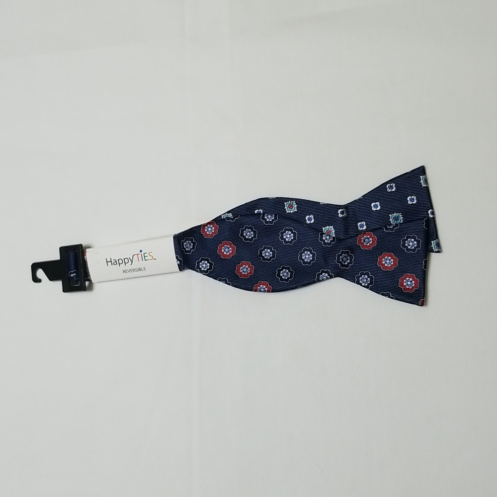 NEW Happy Ties Reversible Bow Tie Self-Tie Adjustable Navy Blue Red Floral